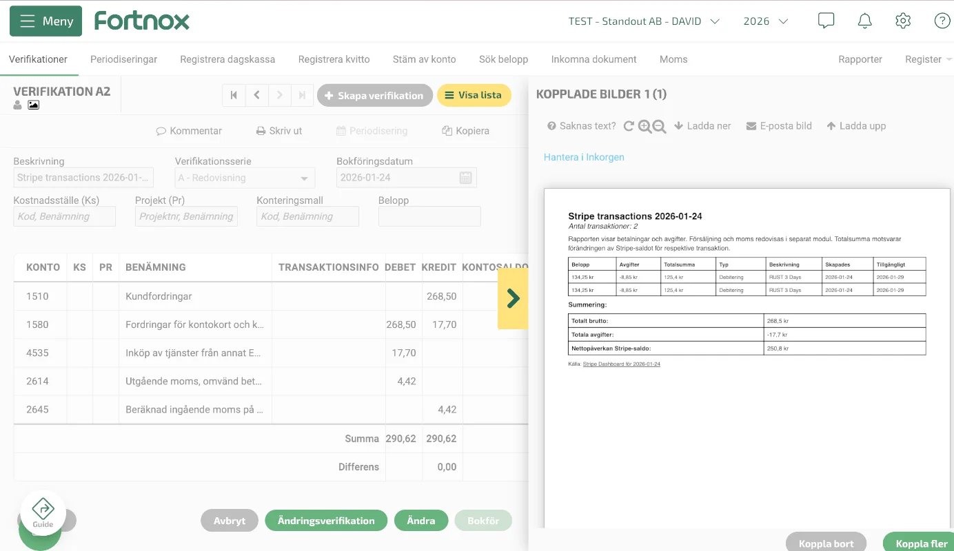 Exempel på bokföring från Stripe i Fortnox